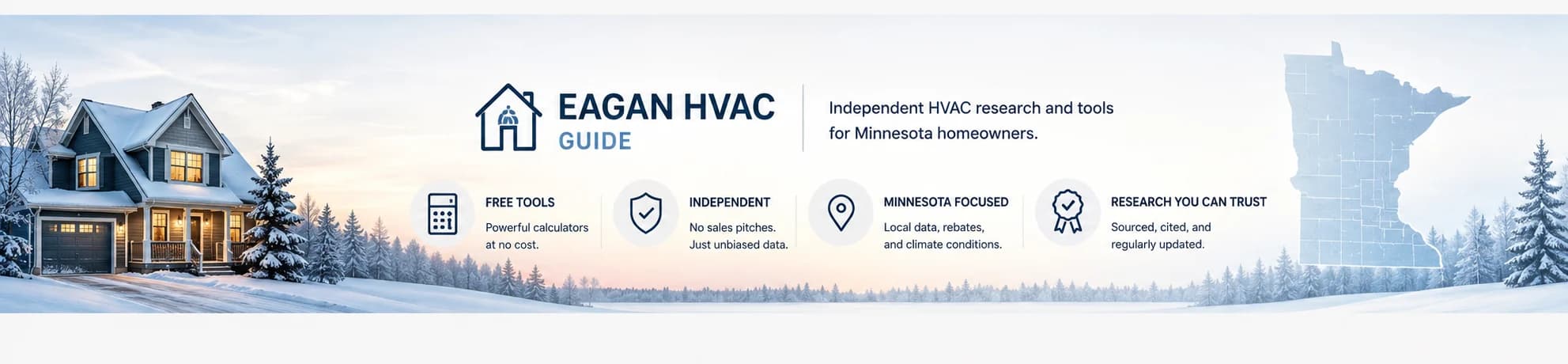 Eagan HVAC Guide — independent HVAC research and tools for Minnesota homeowners. Free tools at no cost, no sales pitches, Minnesota-focused local data on rebates and climate, and research that is sourced, cited, and regularly updated.