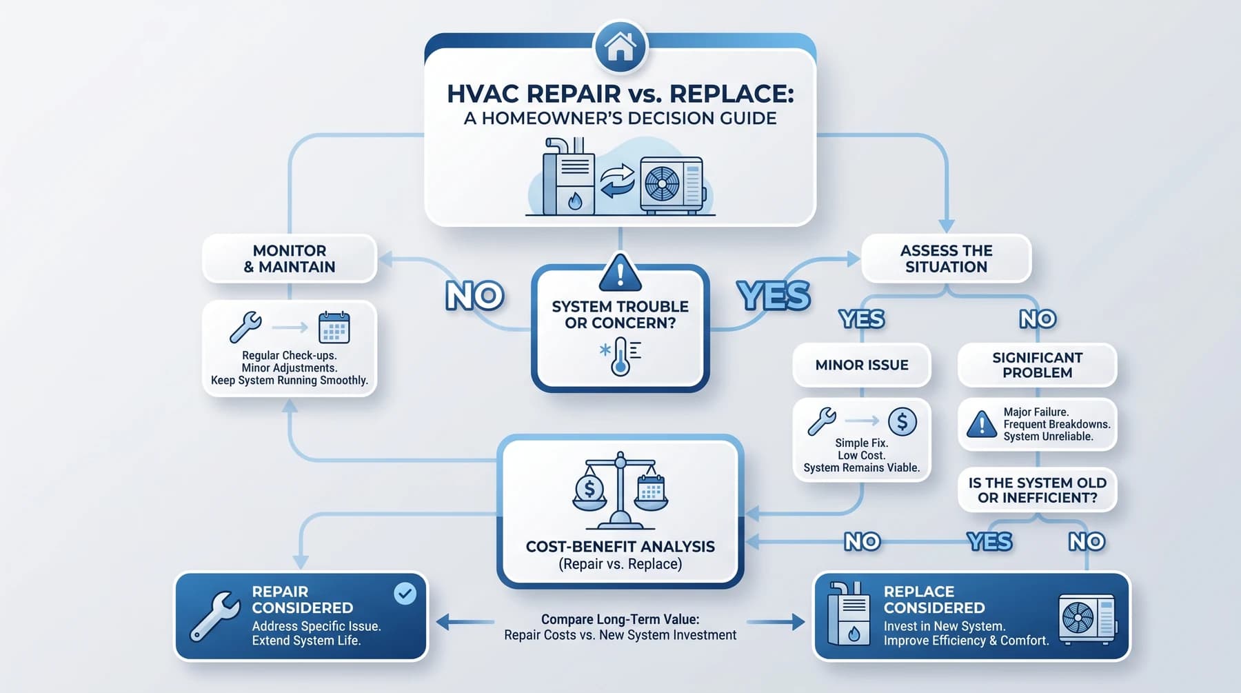 Repair-or-replace decision flowchart: if the system has trouble, assess whether it's a minor issue (simple, low-cost fix — system remains viable) or a significant problem (major failure, frequent breakdowns), then weigh a cost-benefit analysis of repair cost versus a new-system investment.