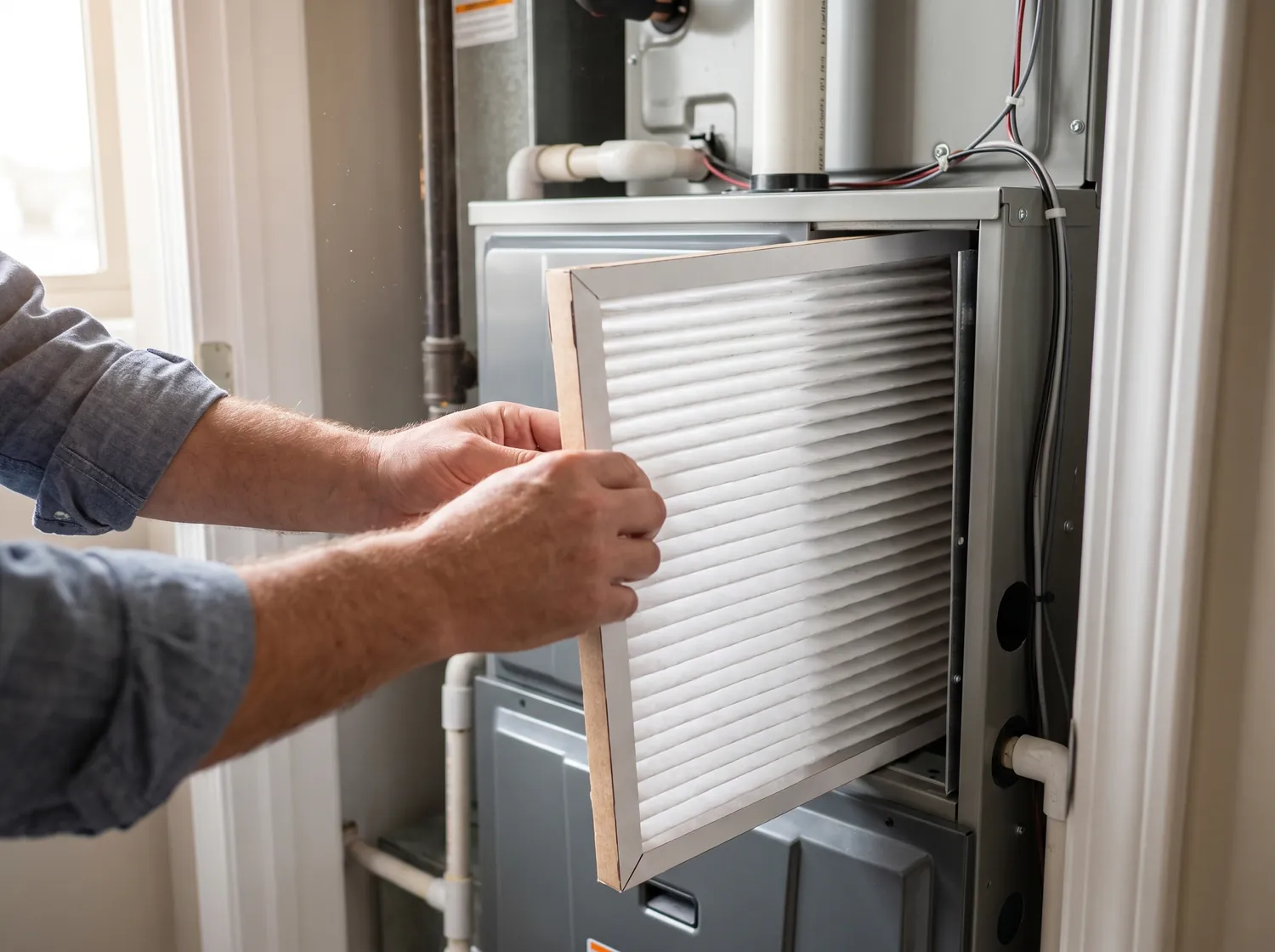 A homeowner sliding a clean pleated air filter into a high-efficiency furnace.