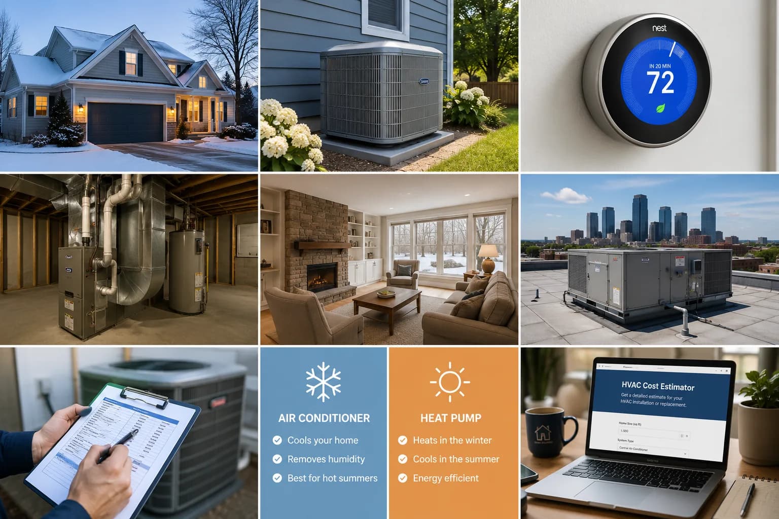 A montage of Twin Cities home HVAC equipment: furnaces, central air conditioners, a heat pump, a smart thermostat, and ductwork.