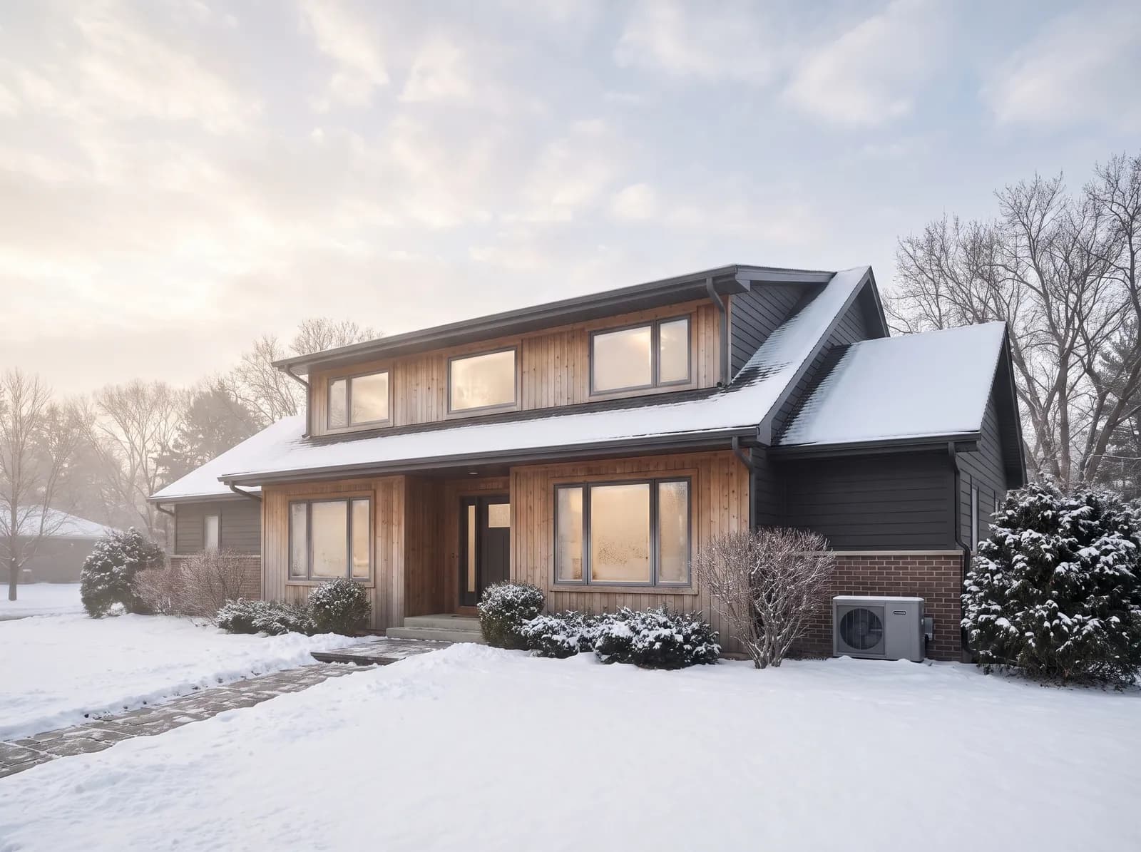 A Minnesota home in winter with an outdoor cold-climate heat pump / condenser unit beside the house.