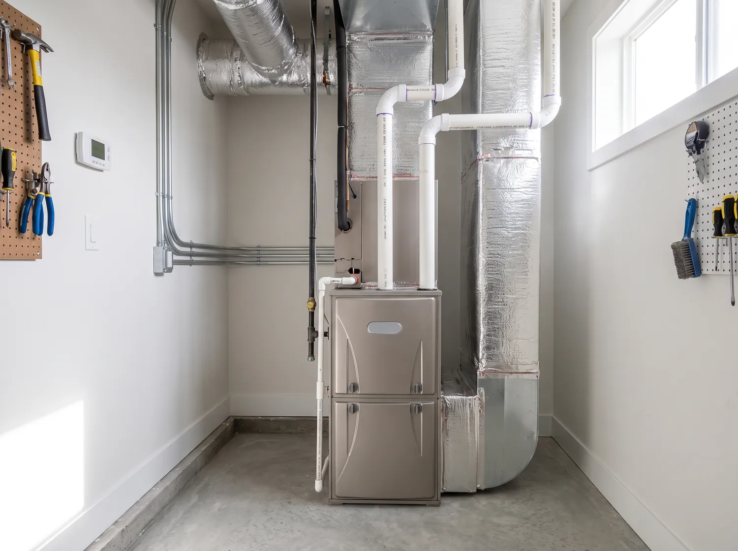 A modern high-efficiency gas furnace installed in a utility room, with PVC intake/exhaust venting and insulated ductwork.
